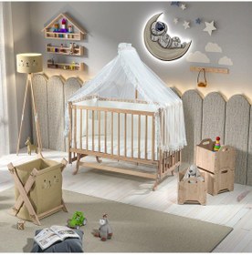 Resim Reyo Dr-15 Elyeza Anne Yanı Beşik Krem Fransız Dantelli Uyku Seti Ahşap 