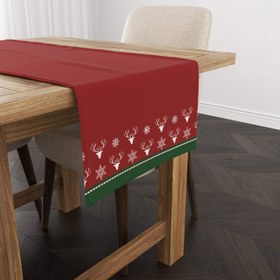 Resim Geyikli ve Kar Taneli / Kırmızı Yılbaşı Temalı Runner Örtü 