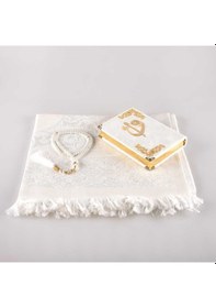 Resim Seccade + Tesbih + Kuran Hediye Seti (Çanta Boy, Kadife, Beyaz) 