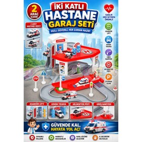 Resim İki Katlı Hastane Garaj Seti - Otopark Seti - Araba Seti - Doktor Oyuncak - İki Katlı Garaj 