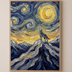 Resim Lone Wolf Howling Mountain Peak Print - Van Gogh Starry Night Wall Art - Wooden Frame - Natural / 8,3 x 11,7" (21x30) 