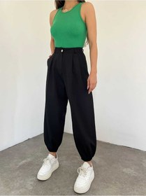 Resim Bella Dossi Kemerli Yüksek Bel Paçası Lastikli Spor Kadın Şalvar Pantolon Siyah 