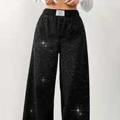 Resim Kadınların Siyah Yıldızlı Desenli Geniş Bacaklı Pantolonları - Bahar/Yaz/Sonbahar için Rahat ve Şık Elastik Bel Uzun Pantolonları, Rahat ve Şık, Yaz Pantolonları | Geniş Bacaklı Moda | Düz Yüzeyli Pantolonlar 