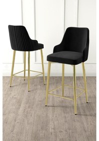 Resim Canisa Enox Serisi 2 Adet Siyah Mutfak Bar Sandalyesi Babyface Kumaş Gold Kaplama Metal Ayak Sandalyeler Siyah Ayaklar Gold 