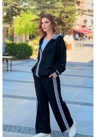 Resim Yanları Şeritli Kapüşonlu Takım Siyah 