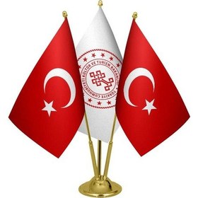 Resim Masa Üstü Kültür Bakanlığı Bayrağı Türk Bayrağı Üçlü Pirinç Direk 