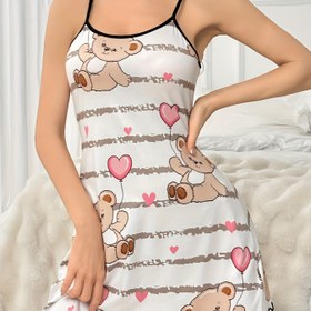 Resim Kadınlar için Sevimli Karikatür Ayı Baskılı Kolsuz Tank Elbise - Rahat Polyester Karışımı, Yaz ve Ev Giyimi için Mükemmel 