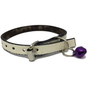 Resim Ekru Renk Derili Mor Zilli Kedi Tasması 1 CM x 30 CM 