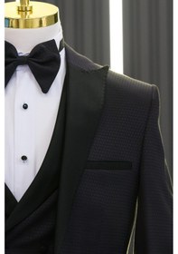Resim Slimfit Skinny Kesim Desenli Sivri Sabit Yaka Yelekli Papyonlu Smokin Takım Elbise 001 