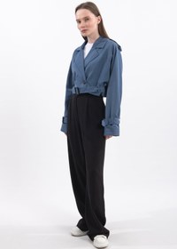 Resim Oversize Kısa Kruvaze Kesim Kemerli Trençkot 7701 - Mavi - Mavi / S 