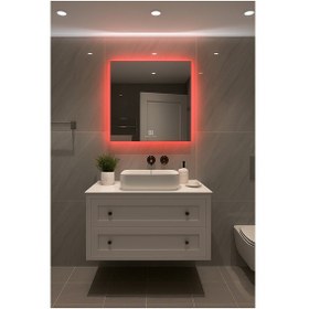 Resim Digital Hayat Dokunmatik Dimlenebilir Kırmızı Led Işıklı Kare Ayna Dekoratif Banyo Makyaj Aynası Kırmızı 
