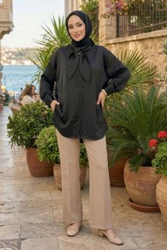 Resim adamila Kadın Siyah Fiyonk Detaylı Saten Oversize Tesettür Tunik Gömlek Uzun Kollu Şık Günlük Trend Tunik 