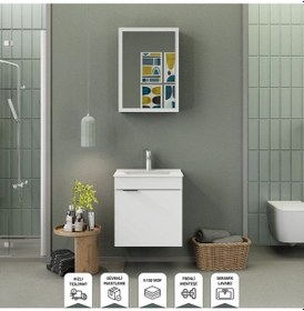 Resim Biani Fix Loft 55 Cm Banyo Dolabı,Seramik Lavabolu, Aynalı,Lavabo Dahil,Mdf,Mat Beyaz 