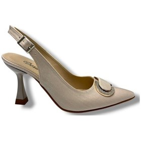 Resim Desire 452-26 Çizgili Saten Taşlı Tokalı İnce Topuk Kadın Stiletto 8,5cm Bej 