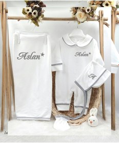 Resim Gros Shop Biyeli 4'lü %100 Pamuklu Hastane Çıkış Tulum Seti Ve Battaniyesi Gri 