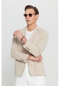 Resim Erkek Bej Pamuklu Slim Fit Dar Kesim Armürlü Esnek Torba Cepli Blazer Ceket Bej 