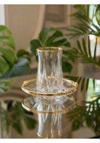 Resim Çnr Home Collection 12 Parça 6 Kişilik Kristal Kesim Çay Bardaği Seti Gold 