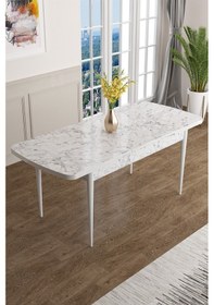 Resim Canisa Concept Han Serisi 70x114, Açılabilir Mdf Mutfak Masa Takımı, Beyaz Mermer Desen Masa Ve 4 Siyah Sandalye Masa Beyaz Mermer Desenli Sandalyeler Siyah 