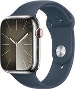 Resim Apple Watch Series 9 GPS + Cellular 45 mm Gümüş Rengi Paslanmaz Çelik Kasa Akıllı Saat ve Fırtına Mavisi Spor Kordon - S/M. Fitness Takibi, Kanda Oksijen ve EKG Uygulamaları, Hep Açık Retina Ekran 