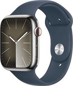 Resim Apple Watch Series 9 GPS + Cellular 45 mm Gümüş Rengi Paslanmaz Çelik Kasa Akıllı Saat ve Fırtına Mavisi Spor Kordon - S/M. Fitness Takibi, Kanda Oksijen ve EKG Uygulamaları, Hep Açık Retina Ekran 