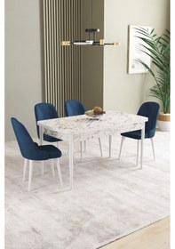 Resim Ikon Beyaz Mermer Desen 80x132 Mdf Açılabilir Yemek Masası Takımı 4 Adet Sandalye Lacivert 