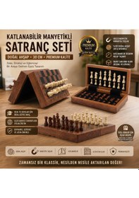 Resim Lüks Doğal Ahşap Manyetik Satranç Takımı 30x30 Cm Katlanabilir Özel Yuvalı Premium Satranç Seti 