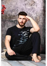 Resim Nisanca Yazlık Kısa Kol %100 Pamuk Erkek Pijama Takımı Siyah 
