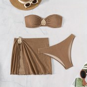 Resim 3 adet Yeni Modaya Uygun Seksi Düz Renk Bikini Seti Kahverengi Renkte, Yaz Plaj Kadınları İçin Uygun, Tüp Üst ve Bikini Set Altı 