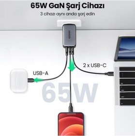 Resim Ugreen 65w Usb Type-c Qc 4.0 Pd 3.0 Ganx 3 Portlu Hızlı Şarj Ciha 