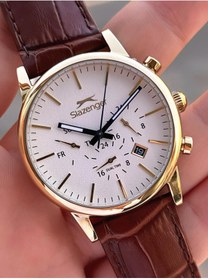 Resim Slazenger Gold Kasa Kahve Deri Kordon Tüm Fonksiyonları Aktif 10 Atm Su Geçirmez Erkek Kol Saati 