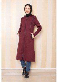 Resim İbrahim Burak Etiler Collectıon Cepli Kapşonlu Tesettür Kap Bordo Bordo 