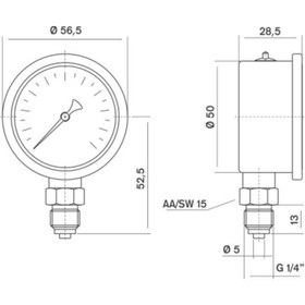 Resim Pakkens 0-16 Bar 50 mm Alttan Bağlantılı Gliserinli Manometre G 1/4 inç 