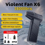 Resim 350000 RPM Güçlü Şiddetli Fan Vakumu, Type-C Hızlı Şarj, X6 Taşınabilir Toz Temizleyici, Güçlü Rüzgarlar 53m/s Fırçasız Turbo Jet Fan, bilgisayar/araç/kar/toz temizleme/BBQ için, 6000mAh pil, vakum kiti ile 