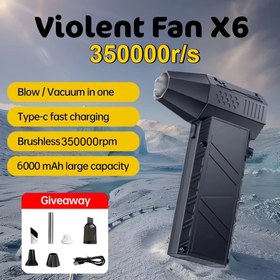 Resim 350000 RPM Güçlü Şiddetli Fan Vakumu, Type-C Hızlı Şarj, X6 Taşınabilir Toz Temizleyici, Güçlü Rüzgarlar 53m/s Fırçasız Turbo Jet Fan, bilgisayar/araç/kar/toz temizleme/BBQ için, 6000mAh pil, vakum kiti ile 