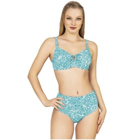 Resim Endeep Kadın Balenli Destekli Şal Desen Yüksek Bel Bikini Takımı Yeşil 