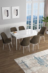 Resim Canisa Han Serisi, Beyaz 70x114 Açılabilir Mdf Mutfak Masa Takımı, 6 Kahve Sandalye 