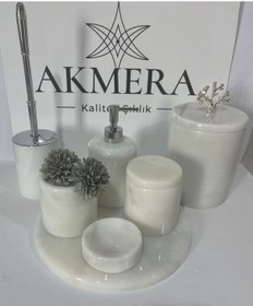 Resim Akmera Elite 7 Parça %100 Gerçek Mermer Banyo Seti Beyaz 