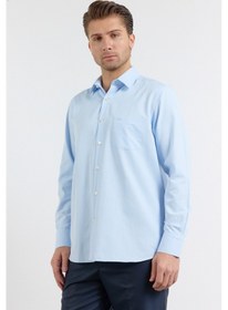 Resim İmza Mavi Kendinden Desenli Sert Yaka Uzun Kol Cepli Comfort Fit Pamuklu Gömlek 1004255225 