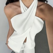 Resim Kadınların şık omuzları açık siyah üstü, çapraz askılı detaylı - Şık iş ve konser giyim, düz renk, ilkbahar/sonbahar moda, polyester karışımlı, makinada yıkanabilir. 