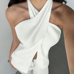 Resim Kadınların şık omuzları açık siyah üstü, çapraz askılı detaylı - Şık iş ve konser giyim, düz renk, ilkbahar/sonbahar moda, polyester karışımlı, makinada yıkanabilir. 