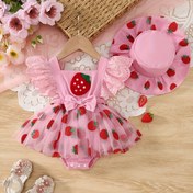 Resim 2 adet Kız Çocukları Yaz Bebek Tulumu - Pembe Ruffled Strap ile Çilek ve Kurdele Nakışlı, Pembe Mesh Tulum ve Güneş Şapkası, Bebek Kızlar için Nefes Alabilir Hafif Kıyafet, Bebek Kız Kıyafetleri, Yumuşak Dokulu Giyim, Dış Mekan İçin 
