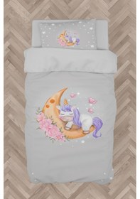 Resim Mekta Home Bebek Ve Çocuk Odası Aya Sarılan Unicorn Desenli Gri Nevresim Takımı 