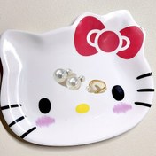 Resim 1 Adet Sevimli Hello Kitty Takı Tepsisi - Kırmızı Fiyonk Tasarımlı Oval Cilalı Beyaz Tabak, Yüzükler, Küpeler ve İnciler için Çok Amaçlı Aksesuar Düzenleyici, Tatiller & Hediyeler İçin Mükemmel, Noel İçin En İyi, Şükran Günü İçin Mükemmel, Takı Tepsi 