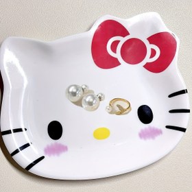Resim 1 Adet Sevimli Hello Kitty Takı Tepsisi - Kırmızı Fiyonk Tasarımlı Oval Cilalı Beyaz Tabak, Yüzükler, Küpeler ve İnciler için Çok Amaçlı Aksesuar Düzenleyici, Tatiller & Hediyeler İçin Mükemmel, Noel İçin En İyi, Şükran Günü İçin Mükemmel, Takı Tepsi 