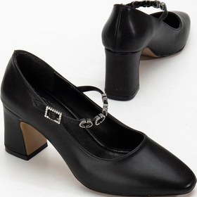 Resim Kadın Stiletto Topuklu Ayakkabı Siyah Suni Deri Baret Taşlı Kalın Topuklu-4171 Siyah 