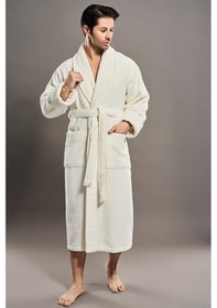 Resim Yaka Fitilli %100 Organik Cotton Cotton Erkek Bornozu Krem 