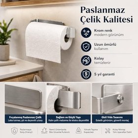 Resim Alper Banyo Paslanmaz Lamalı Çelik Kağıt Havluluk, Krom Renk Mutfak Kağıt Havlu Askısı, Hem Yapışkanlı Hem Vidalı Montajlı, Duvar Tipi Metal Havluluk, 5 Yıl Garantili 