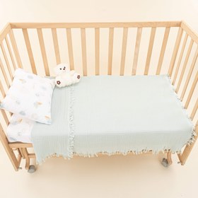 Resim Bebek Nevresim Seti (Dört Katlı Muslin Battaniye , Yastık Kılıfı , Lastikli Çarşaf) - Mint Dört Kat Muslin Battaniye - Su Yeşili Güneş 