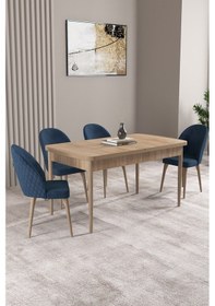 Resim Milas Meşe Desen 80x132 Mdf Açılabilir Yemek Masası Takımı 4 Adet Sandalye Lacivert 
