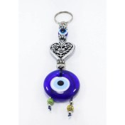 Resim Lacivert, Eskitme Çiçekli Kalp El Yapımı Cam Nazar Boncuklu Anahtarlık 